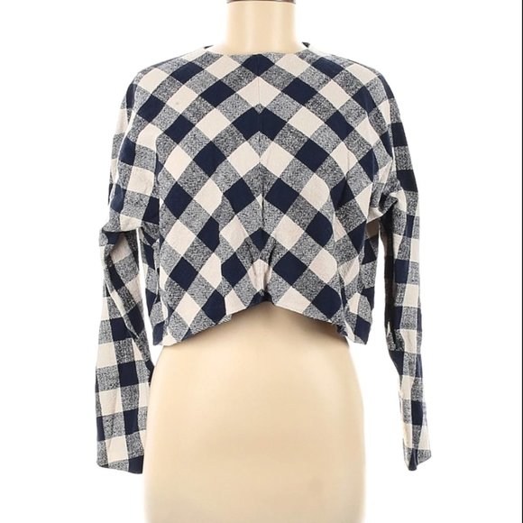 Zara Blue Gingham Buffalo Check Linen Crop Top - Picture 6 of 7